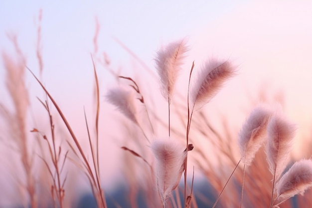 Soft gently wind grass flowers in aesthetic nature of early morning misty sky background