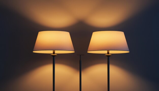 Photo soft glow from two stylish floor lamps against a dark wall in a cozy home setting