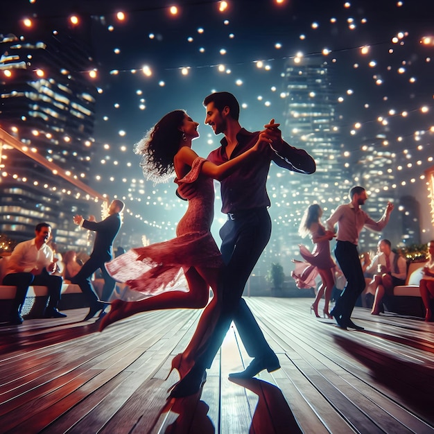 Under the soft glow of twinkling city lights on a balmy rooftop terrace enthusiastic dancers revel