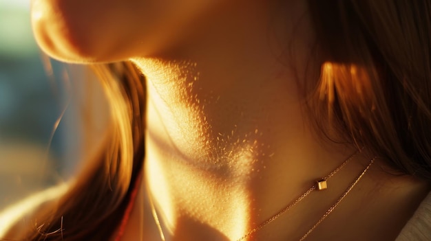 Photo the soft golden glow of the sunset illuminates a closeup of a womans neck adorned with minimalist gold jewelry symbolizing elegance and grace