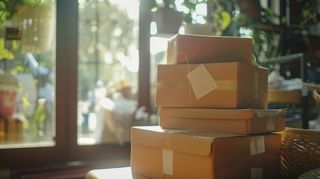 Soft golden light illuminates a stack of parcels ready for delivery