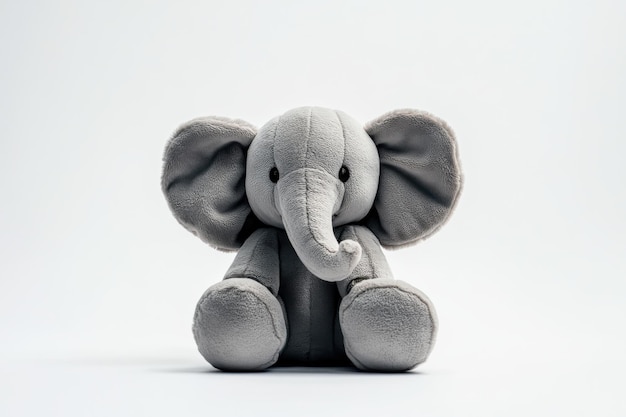 A soft gray elephant plush toy sits adorably on a clean white background ready to bring joy