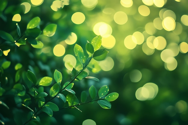 Soft green leaves illuminated by sunlight create a magical bokeh effect in a serene natural setting during daytime