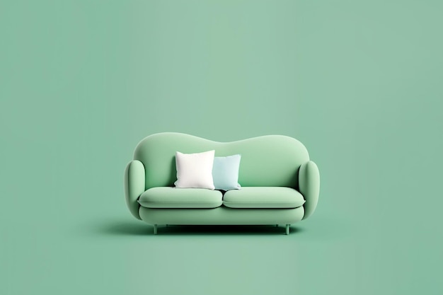 Soft green sofa on green background 3D illustration AI generated image Modern minimalistic living room interior detail Cosiness social media and sale concept creative advertisement idea