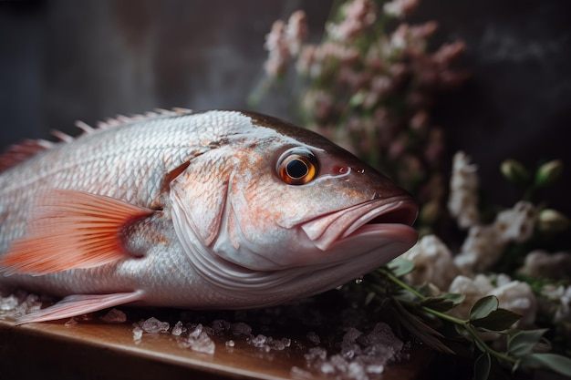 Soft hues of the fresh fish with flowers generative AI