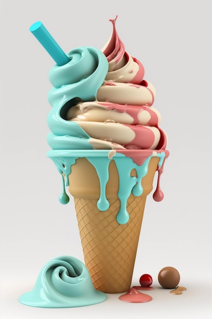 Soft ice cream in wafer style cone realistic icon Multi colored sprinkles 3d illustration Futuristic design Swirl shape Image is AI generated