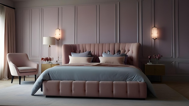 Soft lavender walls platform bed with dusty rose headboard curved pale blue velvet armchairs