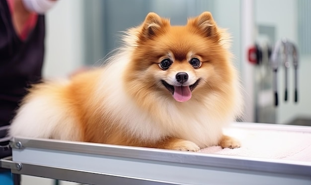 Soft light illuminates a tranquil grooming scene where a woman tends to her content Pomeranian with tender care