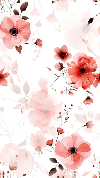 Soft Light Red Toned Floral Seamless Pattern on White Background