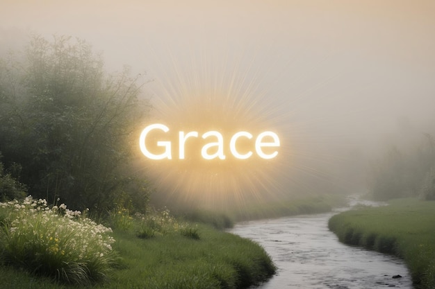 Photo soft morning light illuminates a serene river with the word grace amidst fog in a tranquil landscape