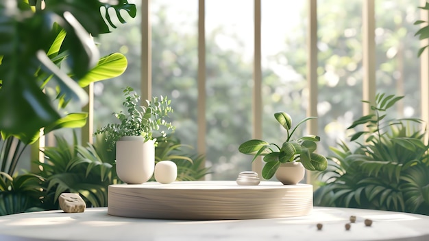 A soft natural light shines through the window casting a warm glow over the lush plants and