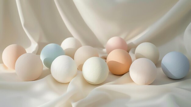 Photo soft pastel still life with a variety of eggs on a beige silk cloth the composition is simple and elegant and the colors are muted and soothing