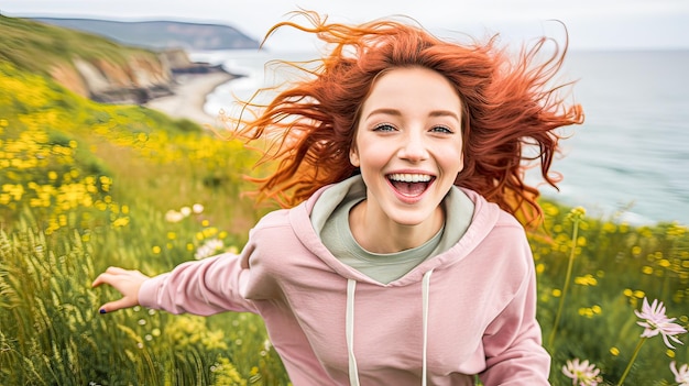 Photo soft pastel sweatshirt carefree demeanor seaside breeze floral meadow youthful exuberance