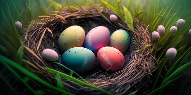 Soft pastelcolored Easter eggs in a nest of grass Generative AI