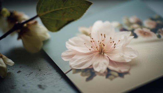 Soft pink blossom on old branch surrounded by fresh green growth generated by artificial intelligence