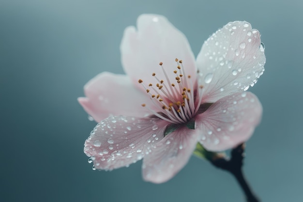 Photo soft pink flower with droplets in misty weather during early spring morning