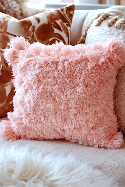 Photo soft pink furry pillow on a couch