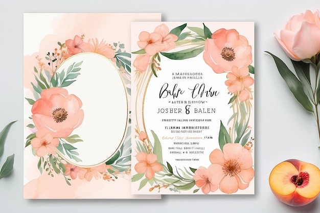 Photo soft pink peach pastel watercolor floral bohemian baby shower invitation template