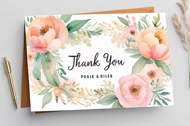 Photo soft pink peach pastel watercolor floral bohemian thank you card template