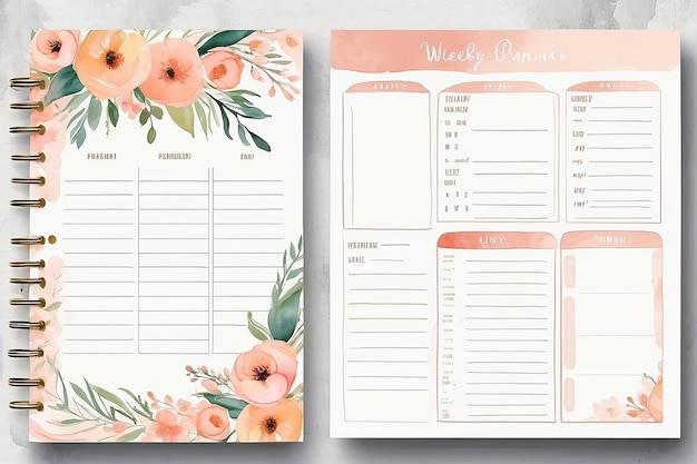 Photo soft pink peach pastel watercolor floral bohemian weekly planner template