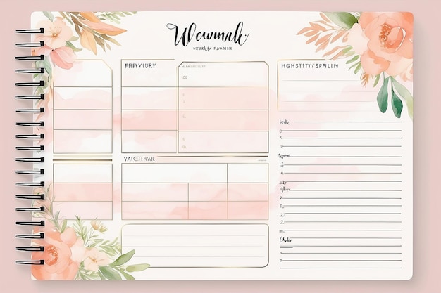 Photo soft pink peach pastel watercolor floral bohemian weekly planner template