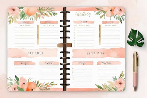 Photo soft pink peach pastel watercolor floral bohemian weekly planner template