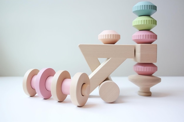 Soft pink round wooden construction blocks shapes for building a children's toy for playing