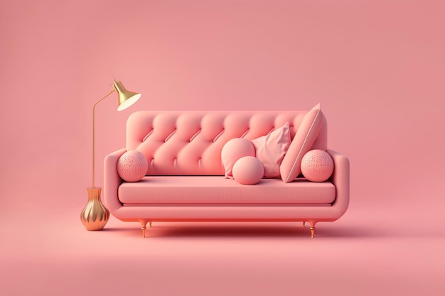 Soft pink sofa on pink background 3D illustration AI generated image Modern minimalistic living room