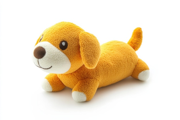 Soft and playful orange stuffed puppy resting on a white surface with a friendly expression