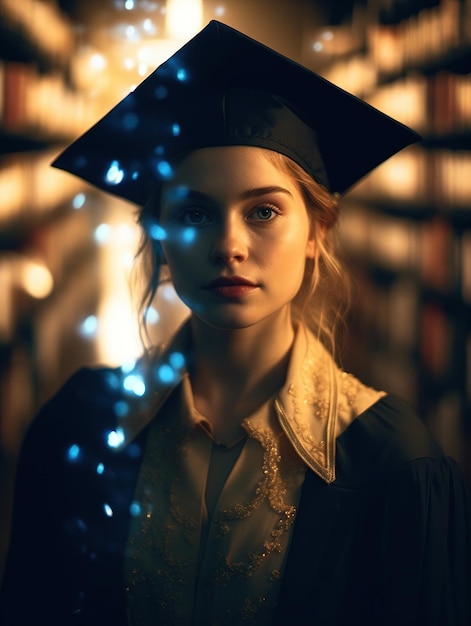 Soft sensual young woman portrait in graduatinal cup beautiful girl shoot with bokeh lights amber ba