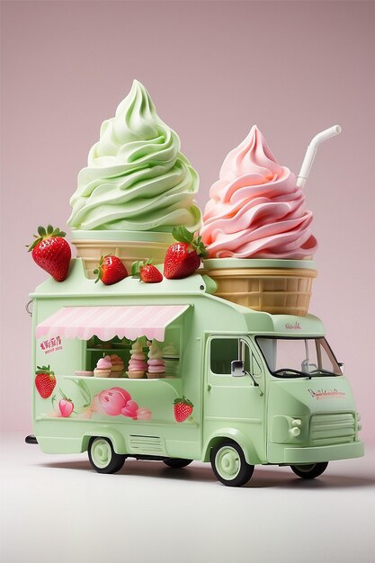 Soft serve ice cream and iced green tea strawberry trailer design Japanese style green tea and iced