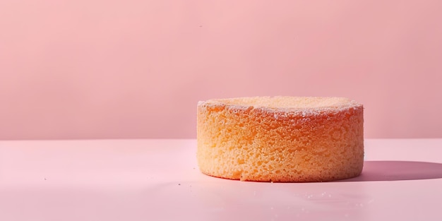 Photo soft sponge cake on a pastel pink background casting a soft shadow