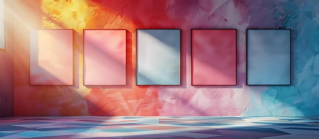 Soft spotlight on square frames against a multicolor wall modern and elegant