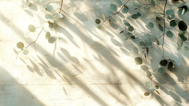 Soft sunlight casts shadows of leaves on a textured wall in a serene corner