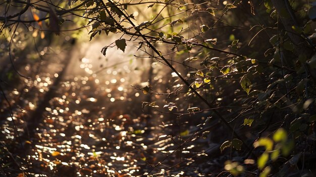 Photo soft sunlight dappling through lush foliage creating a tranquil woodland scene