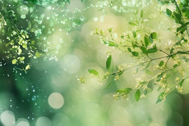 Photo soft sunlight filters through lush green leaves creating a serene atmosphere filled with delicate blooms in a tranquil natural setting