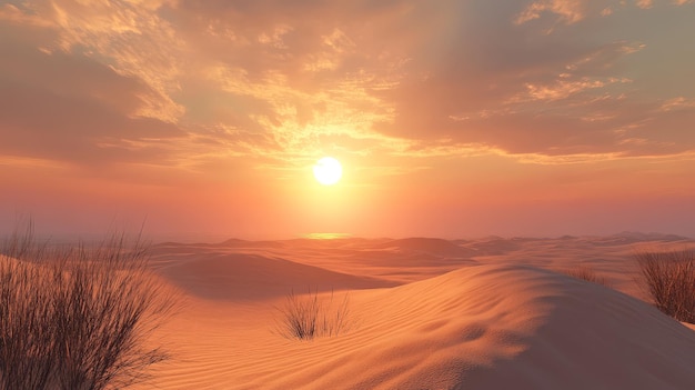 Photo soft sunrise in the desert with the sun rising gently over the sand dunes casting a warm golden light over the quiet sand