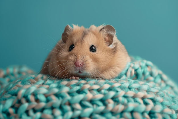 Photo soft teal background with cozy hamster and cheerful props cute animal portrait art for sale