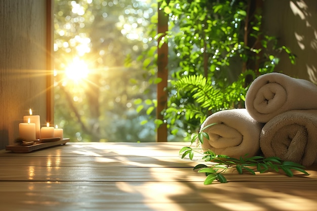 Photo soft towels are neatly stacked on a wooden table alongside flickering candles as warm sunlight filters through lush greenery in a calming setting