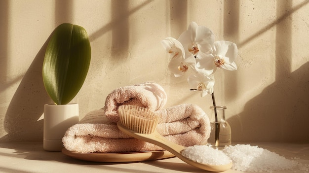 Photo soft towels a wooden brush bath salts and a delicate orchid plant set a luxurious pampering scene illuminated by warm sunlight in a cozy bathroom