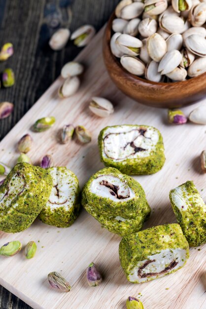 Soft Turkish delight confection with pistachio nuts and chocolate