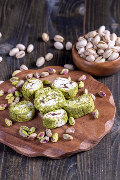 Soft Turkish delight confection with pistachio nuts and chocolate