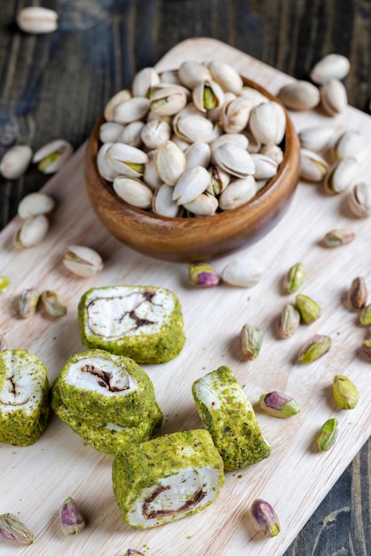 Soft Turkish delight confection with pistachio nuts and chocolate