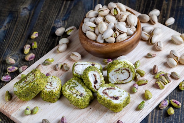 Soft Turkish delight confection with pistachio nuts and chocolate