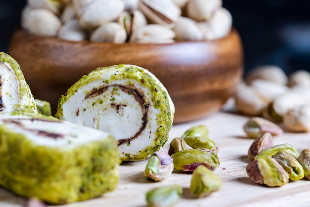 Soft Turkish delight confection with pistachio nuts and chocolate