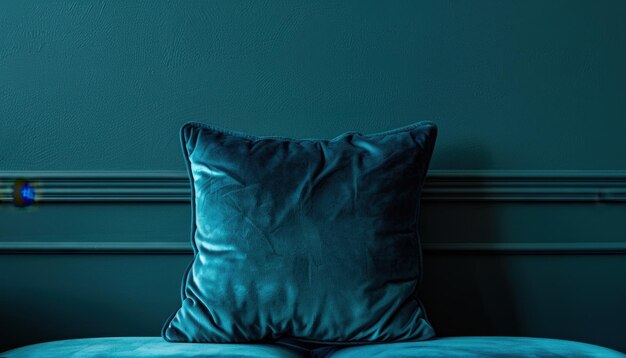 Photo soft velvet cushion on a teal sofa against a deep teal wall