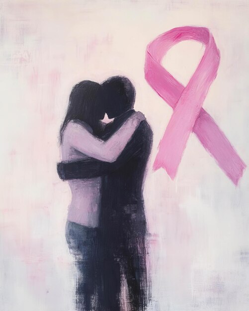 Photo a soft warm hug between two figures with a pink ribbon floating in the background