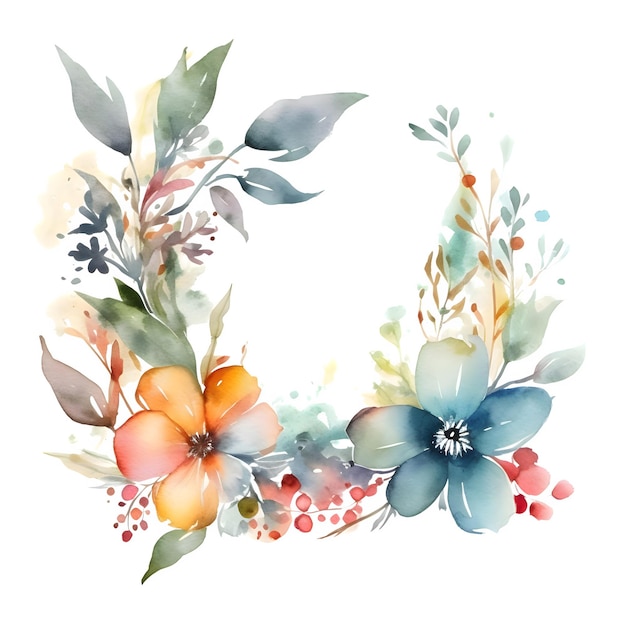 Soft watercolor floral wreath with pastel pink and blue blooms Isolated on white background