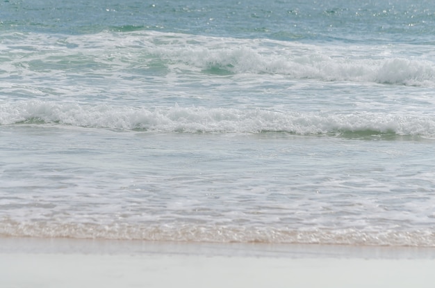 Soft Wave Of Blue Ocean On Sandy Beach. Background. Selective focus.