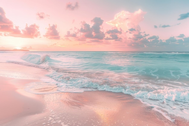 Photo a soft wave gently breaks on the shore kissed by the pastel hues of a tranquil sunset